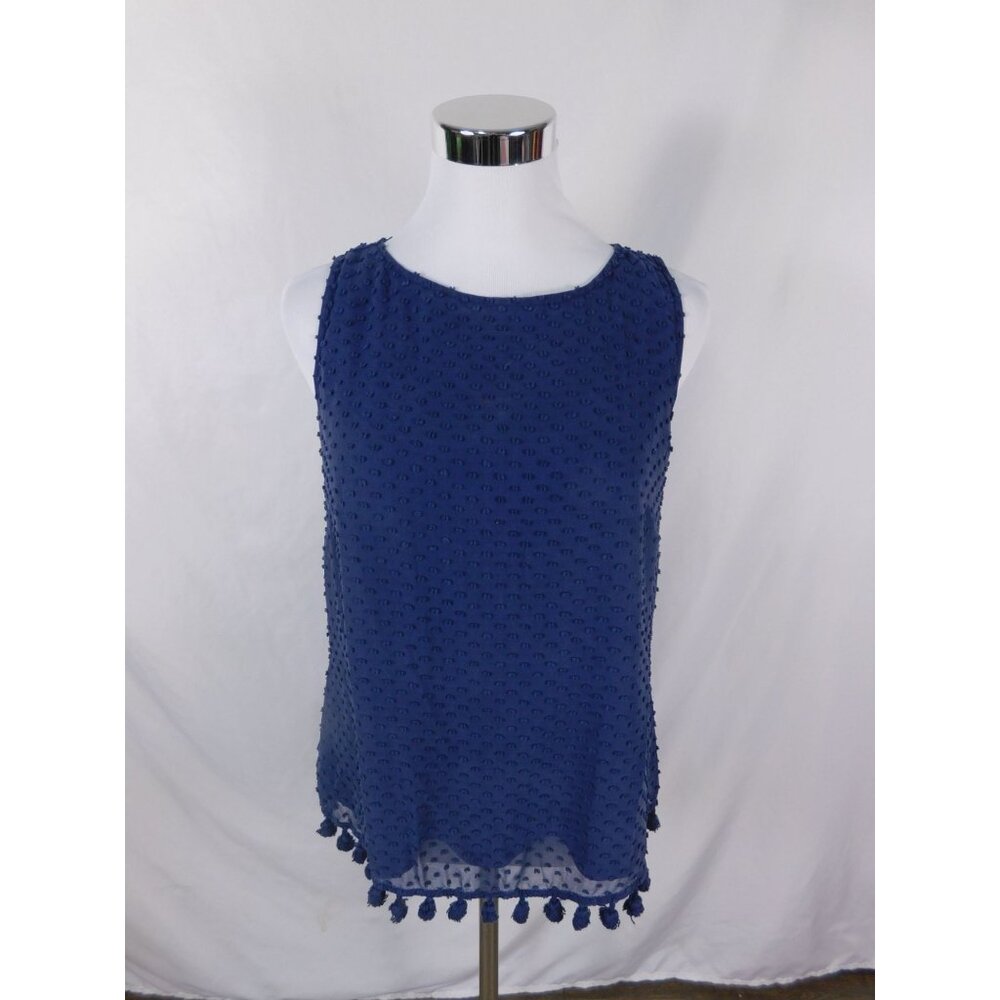 Sail to Sable Navy Pom Pom Hem Sleeveless Top S Silk Blend Keyhole